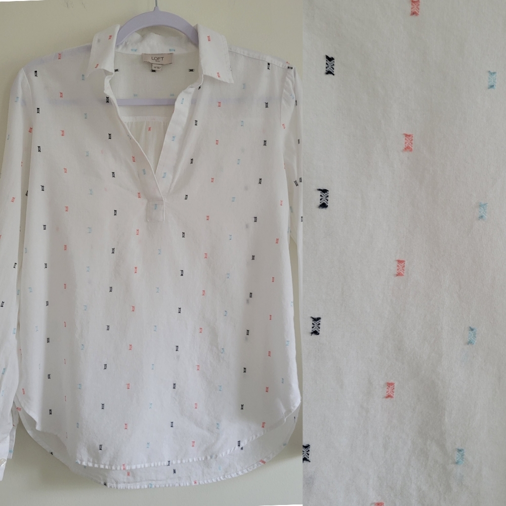 Loft Flecked Embroidered V Neck Blouse Top Size XS